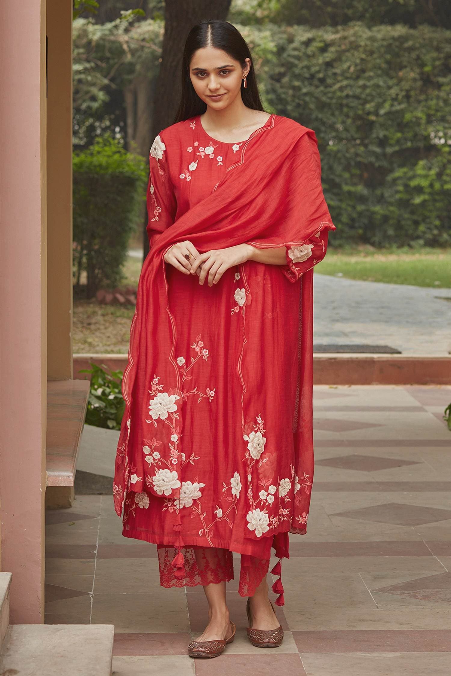 Cherry Red Applique Kurta Set