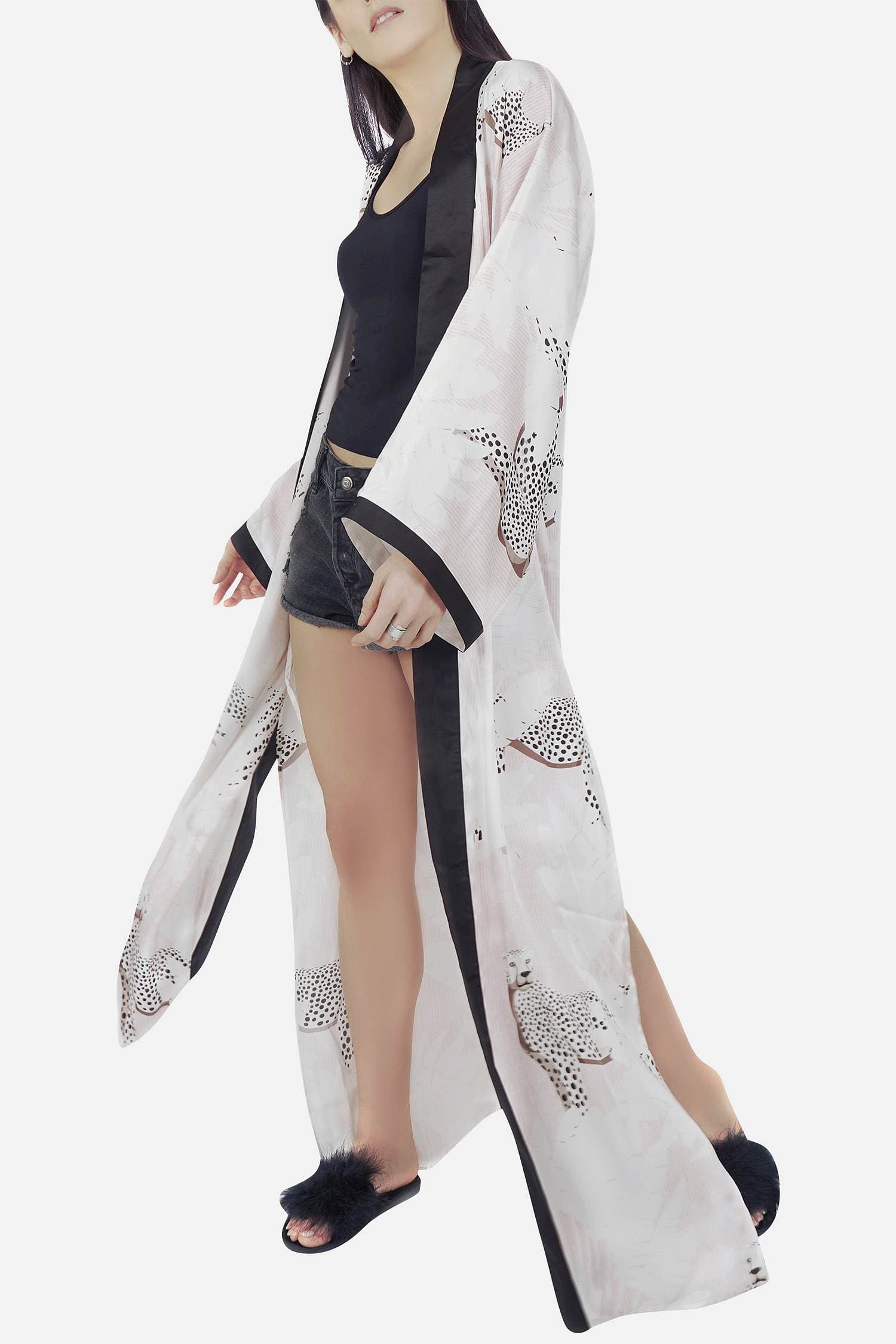Vivo Jema High Slit Maxi Kimono - White / Black Animal Print