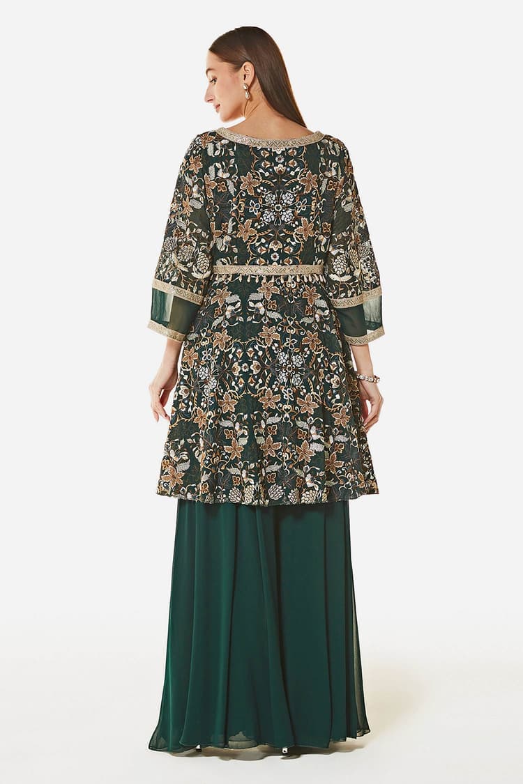 Foil Print Peplum Style Flared Georgette Gharara Set with Khari Print Floral Motifs