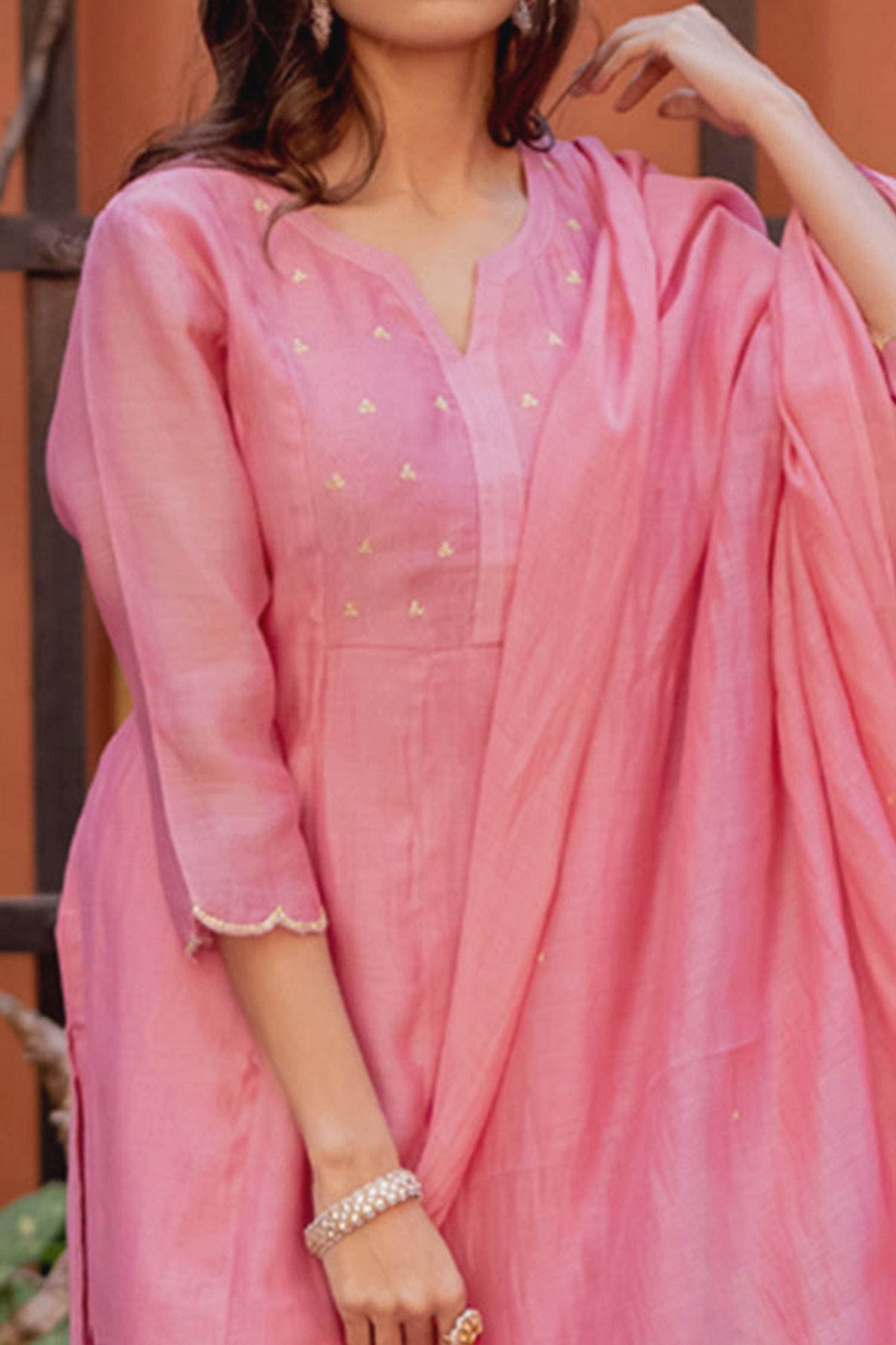 Pink chanderi abha kurta with Duppta- set of 3