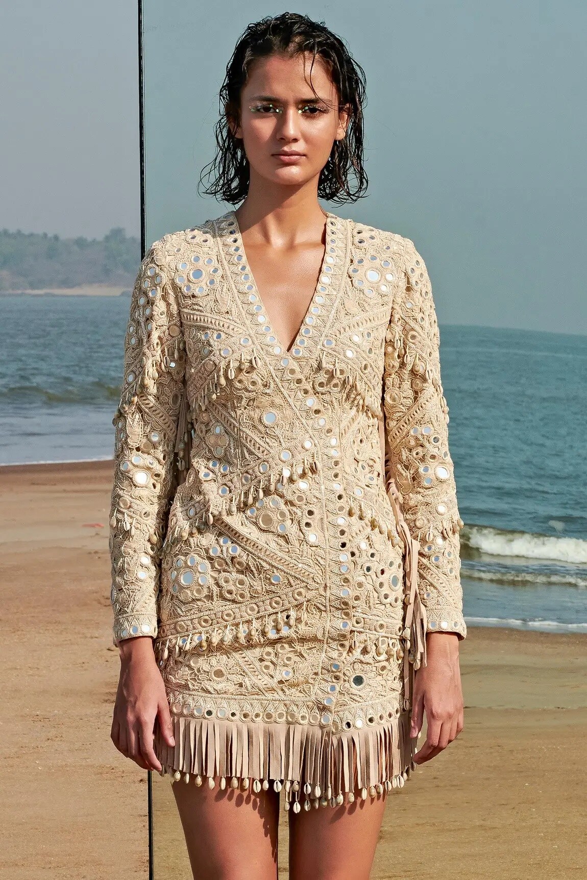 Beige Suede Embroidered Fringe Jacket Dress