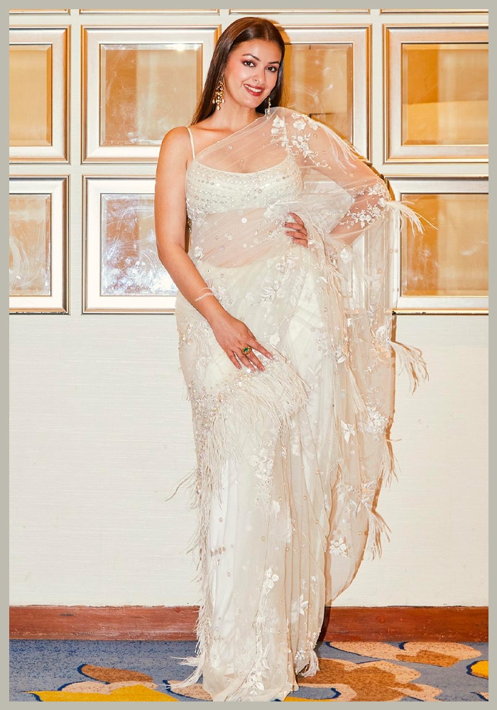 White Net Floral Embroidered Saree