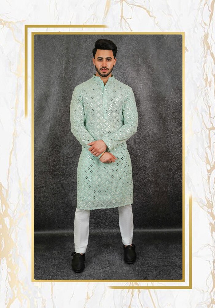 Green embroidered kurta | Aza Fashions