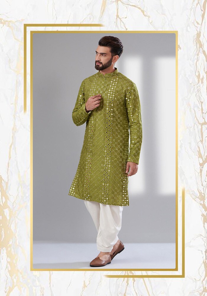 Kasbah green mirror work kurta | Aza Fashions