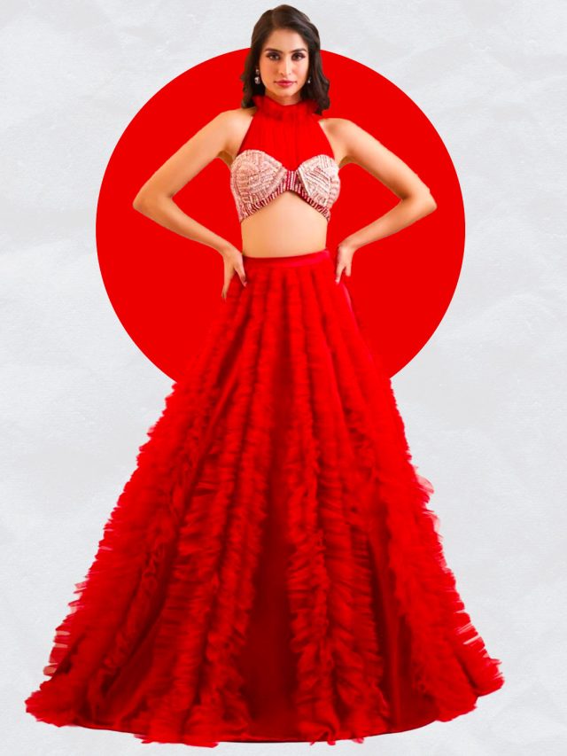 Red Net Embroidery Sequins Halter Neck Ruffled Lehenga With Blouse