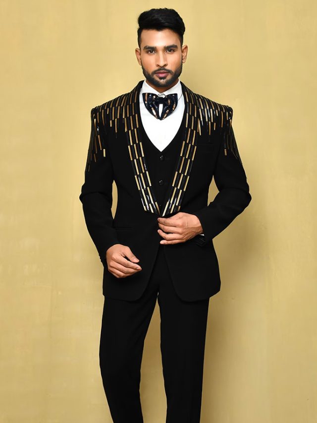 Black Polynosic Embellished Stripe Tuxedo For Men
