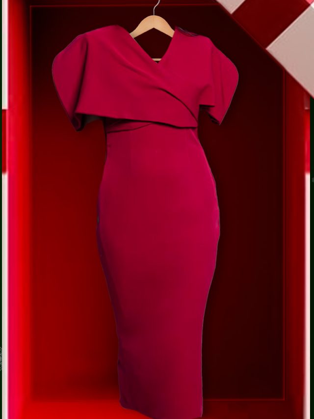 Maroon Crepe Plain V Neck Garnet Draped Sleeve Dress