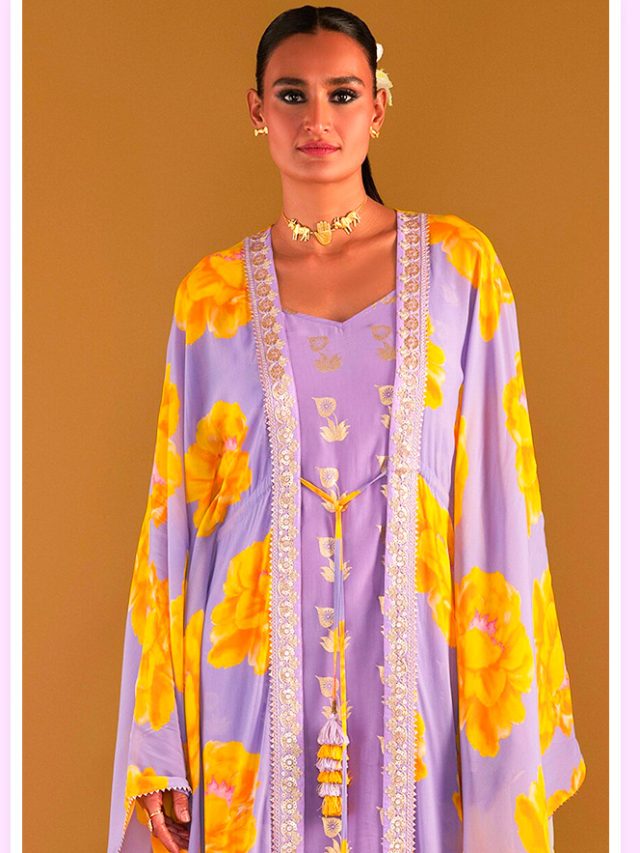 Purple Kaftan- Georgette Sunshine Mimosa Print Cover-up Kaftan Set