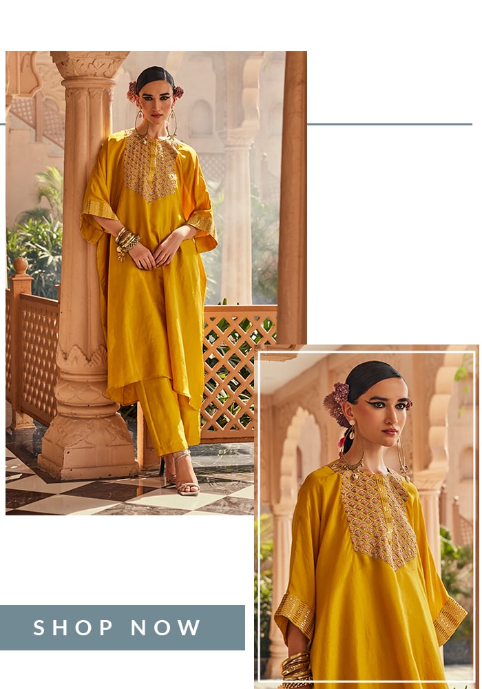 Anu Pellakuru Raagmayi Mustard yellow kaftan set