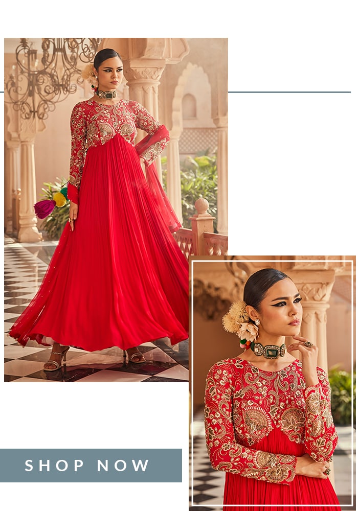 Anu Pellakuru Raagmayi Red Anarkali set