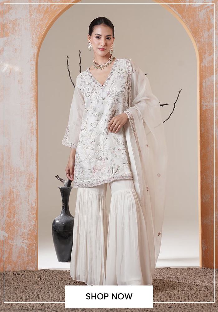 White Embroidered Kurta Sharara by Surabhi Arya 