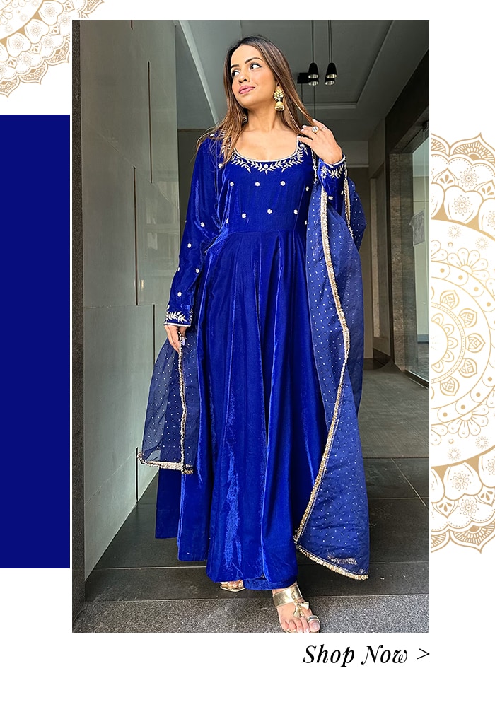 Velvet blue anarkali set
