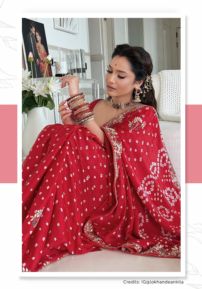 Ankita Lokhande in a red bandhani print saree