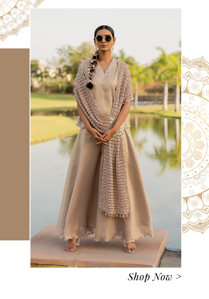 Beige short kurta and sharara set