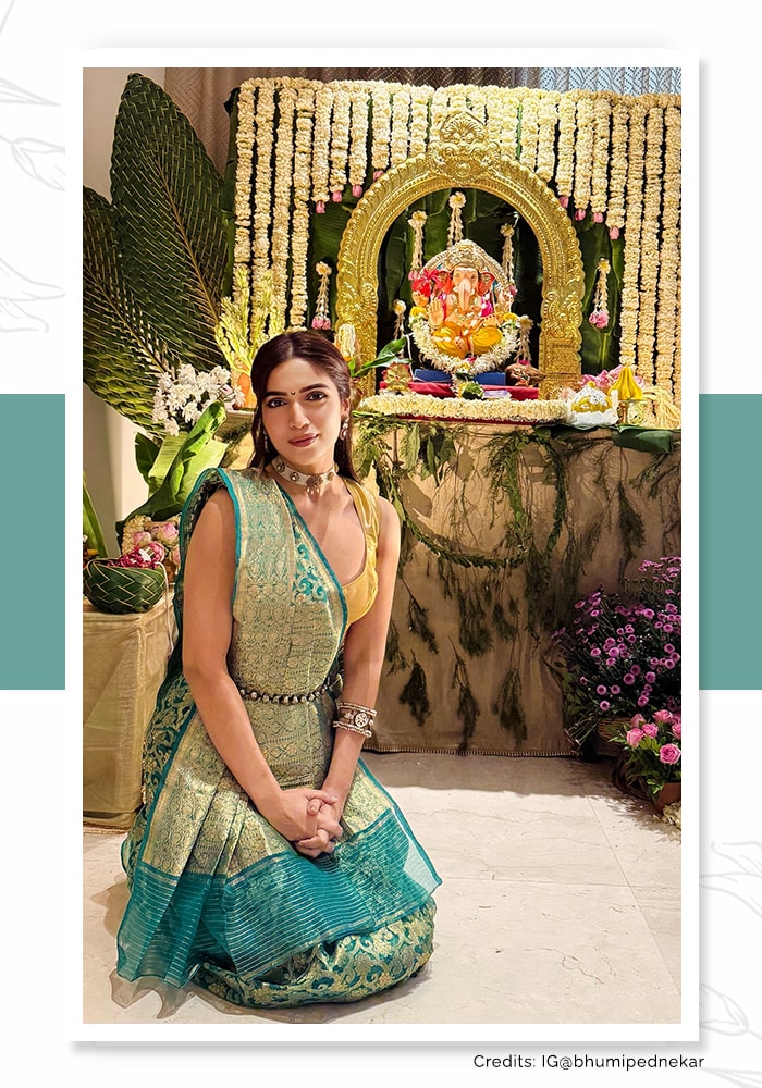 Bhumi Pednekar wearing a peacock blue banarasi silk saree