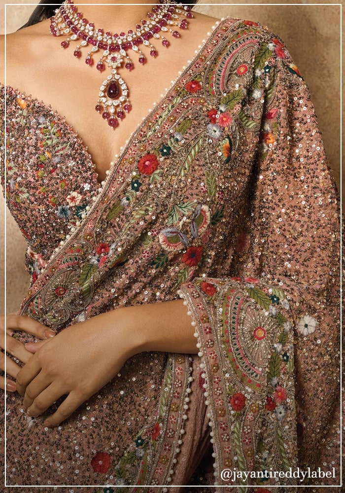 Shimmering saree encrusted in pearls, sequins, beads 