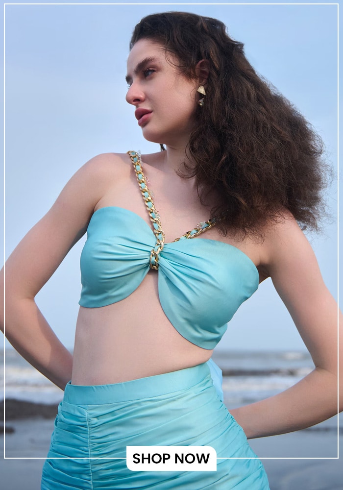 Model wearing embroidered blue back tie up crop top