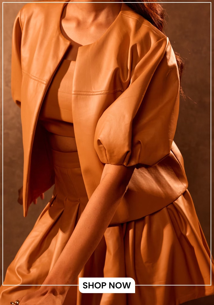 Brown faux leather open neck cropped jacket