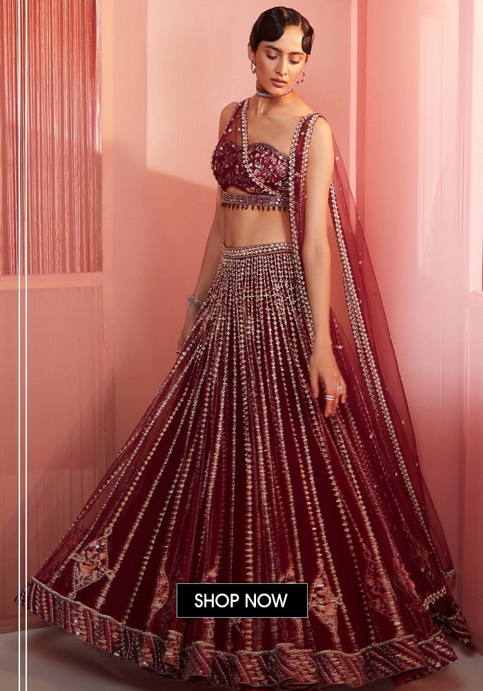 Maroon net lining cutdana embroidered lehenga