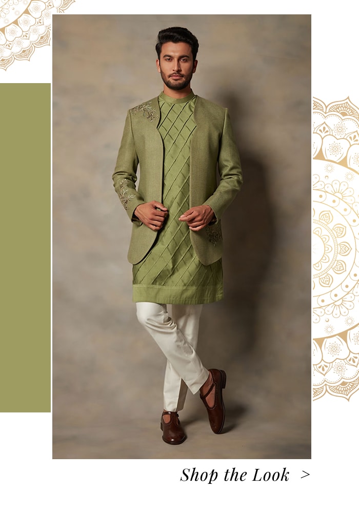 Model wearing bandhgala with pleated kurta set