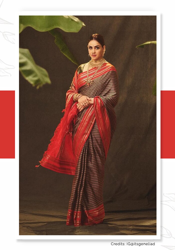 Genelia D'Souza in a traditional saree and Maharashtrian nath and gajra