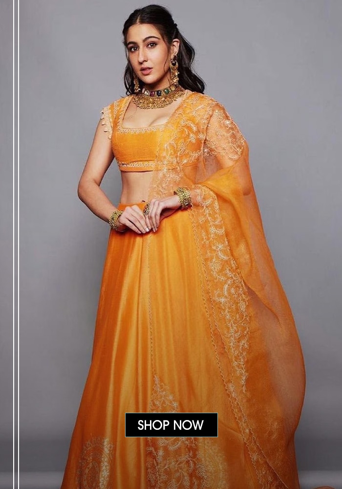 Orange chanderi block print lehenga set