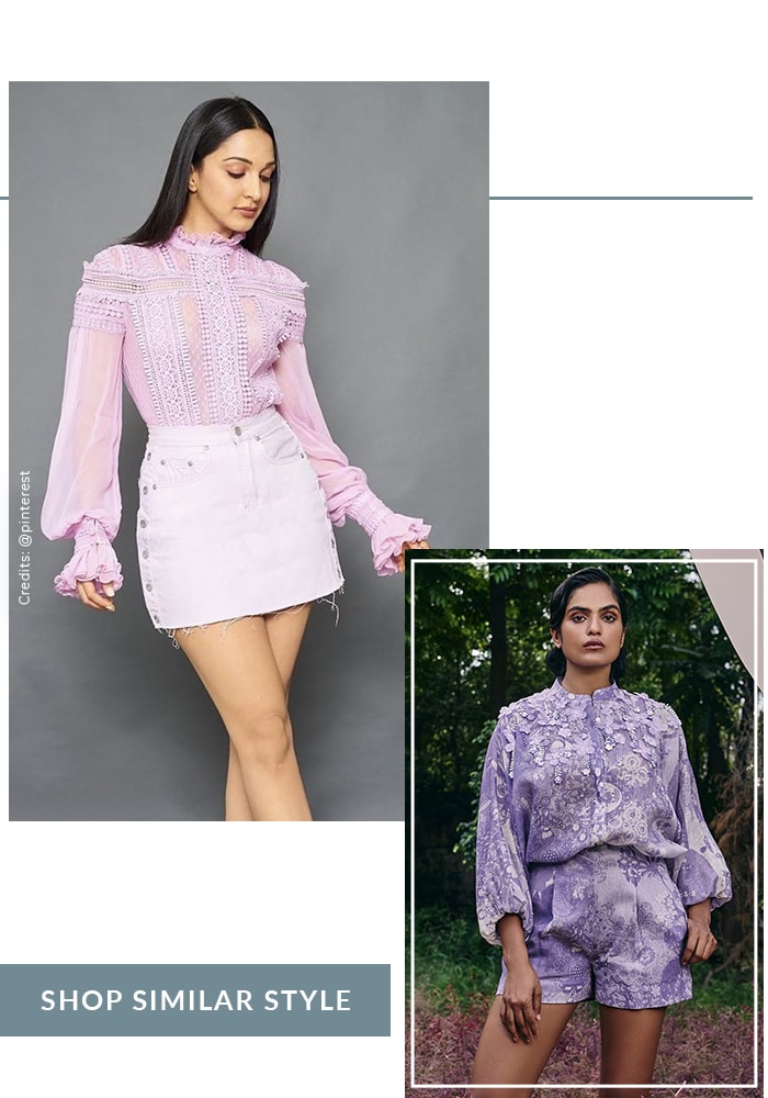 Kiara in ruffled purple top and white denim mini skirt