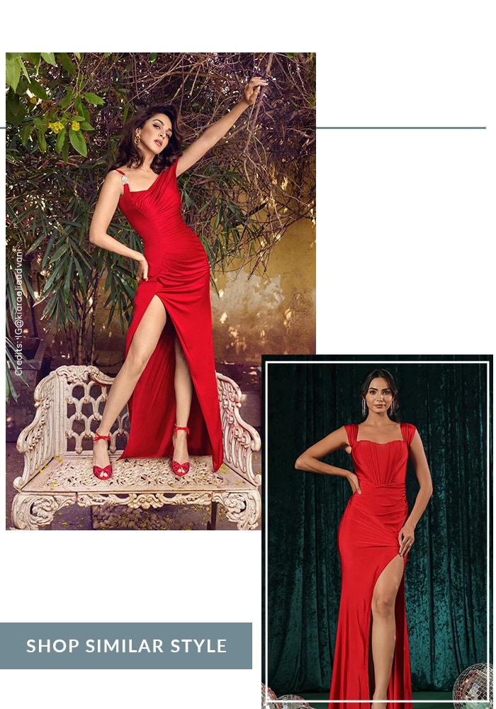 Kiara in red thigh high slit gown