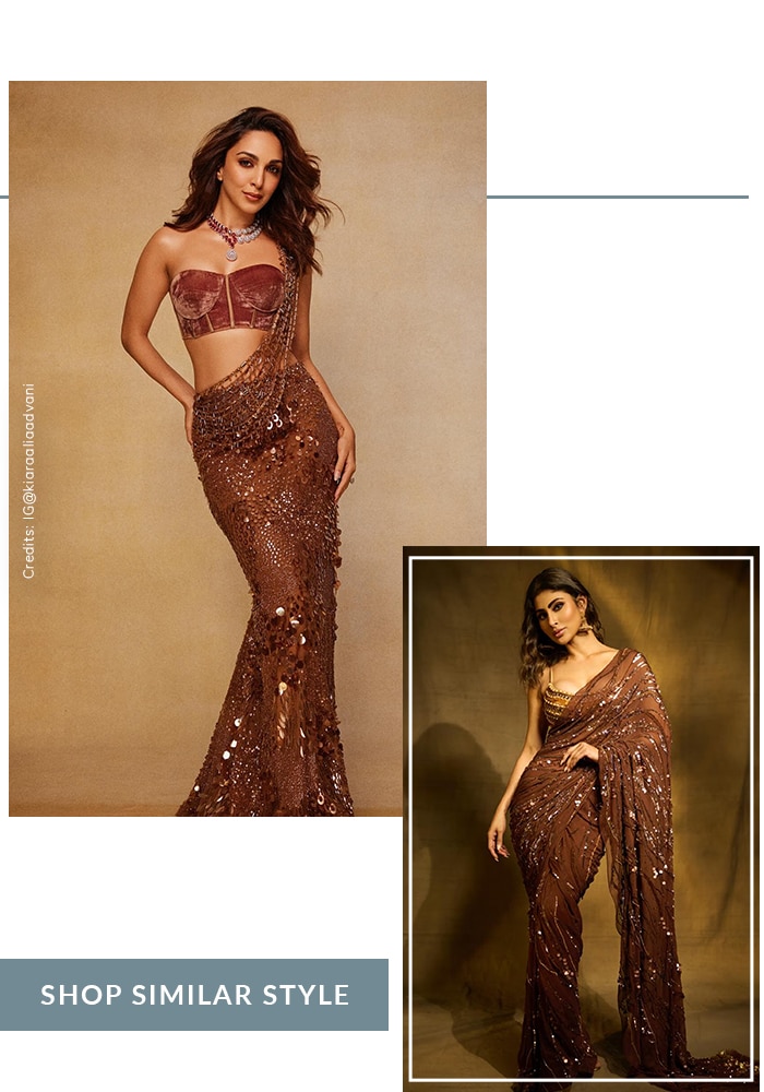 Kiara in crystal and sequin embellished brown saree