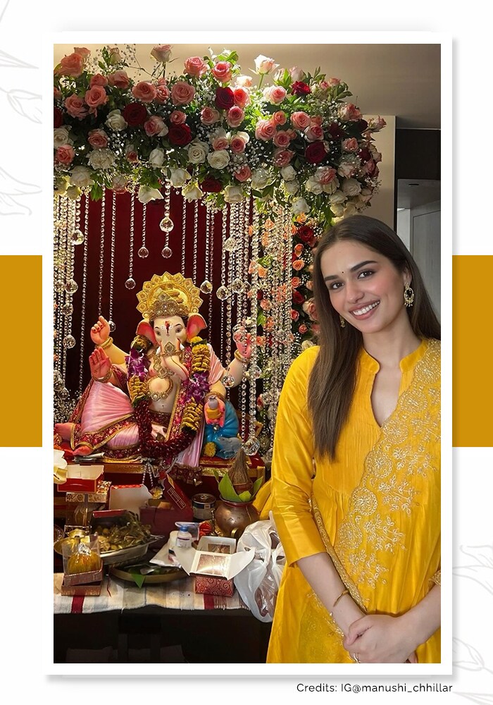 Manushi Chillar in a yellow kurta set for Ganesh puja at home