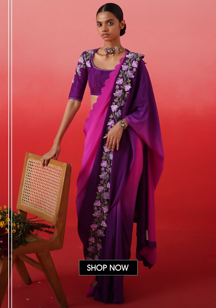 Pink Crepe Embroidery Scoop Neck Blossom Border Ombre Saree With Blouse