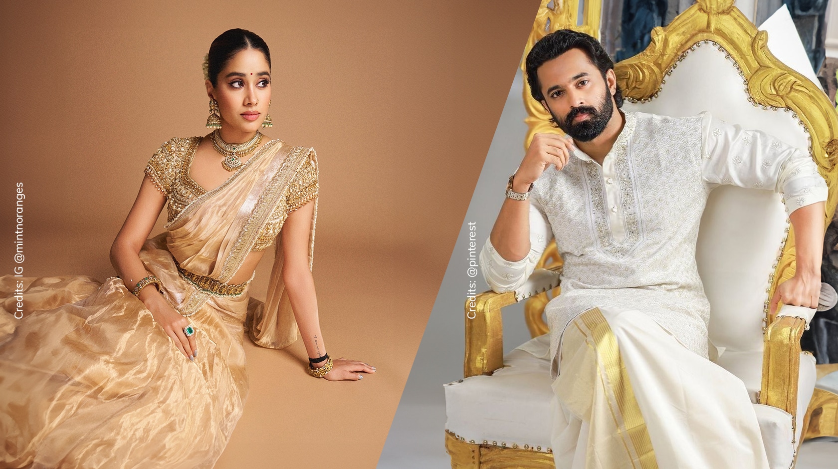 Bollywood celebrities wearing traditional south indian outfits with Janhvi Kapoor wearing Manish Malhotra gold tissue saree on the left and South indian actor wearing a white and gold kurta and dhoti set