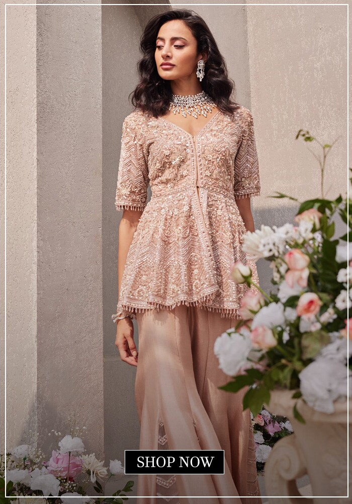 Pink organza pearl and beads embroidered peplum top and sharra set