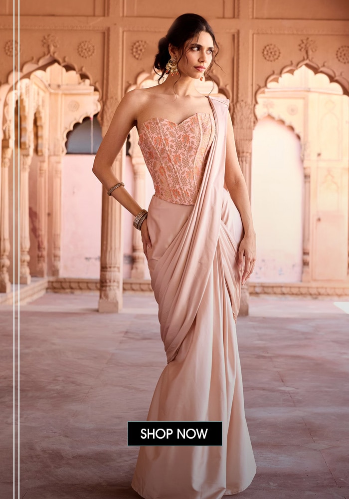 Cream Jacquard, Satin Embroidery Champagne Pre-draped Saree With Corset Blouse