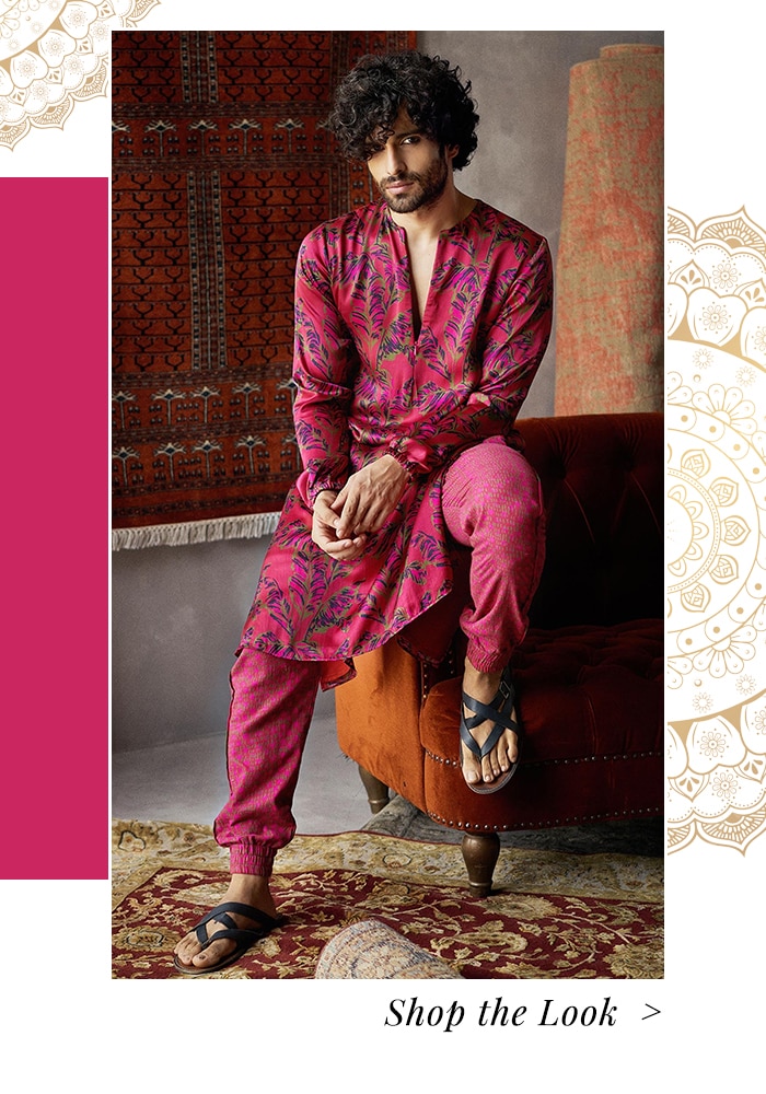 Model wearing magenta printed kurta and joggers set