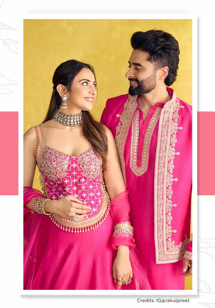 Rakul Preet with her husband Jacky in a matching pink outfit.
