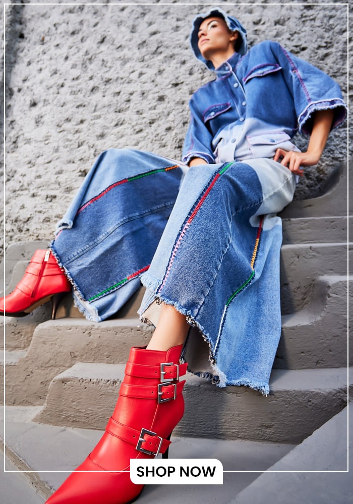 Red buckles conical heel leather boots
