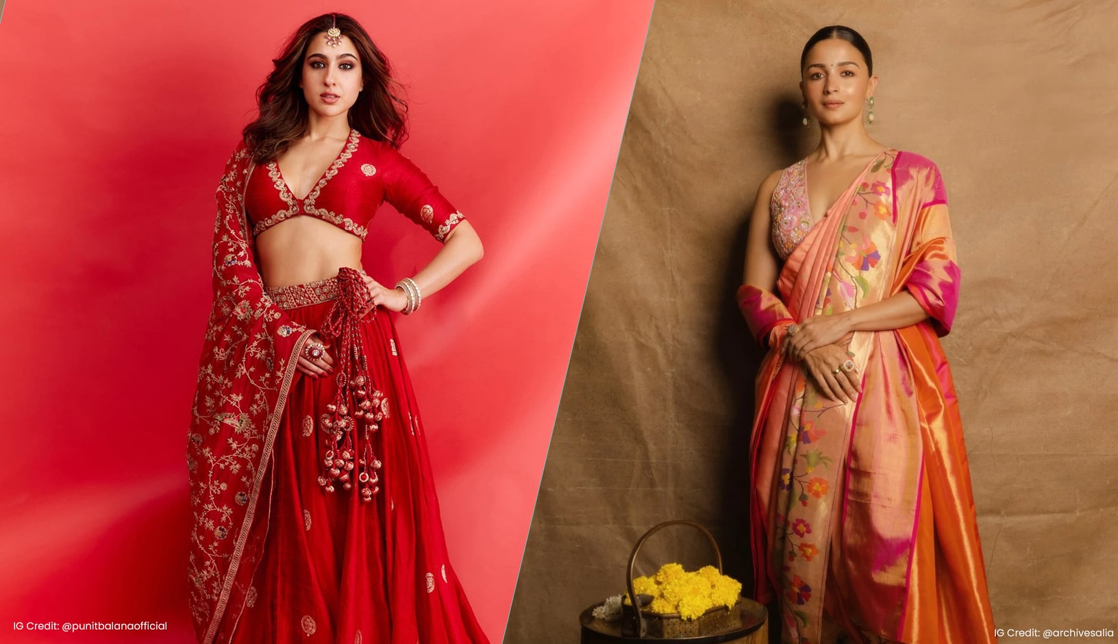 Sara-Ali-Khan wearing lehenga-on-the left and alia bhatt wearing maharastrian saree-on-the-left