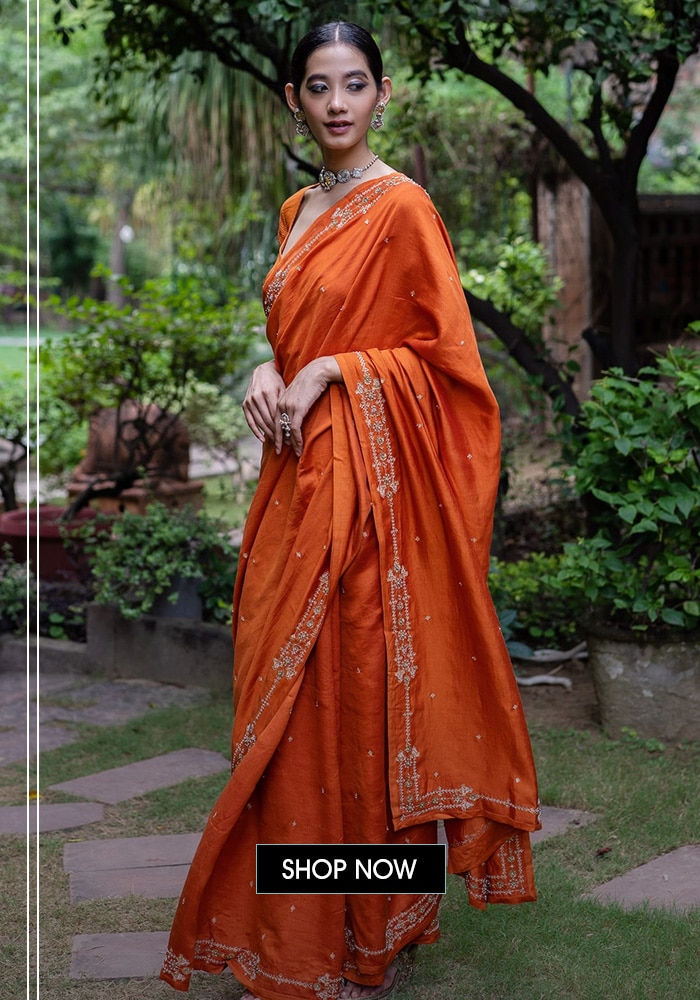 Orange zardozi and sequin floral embroidered saree