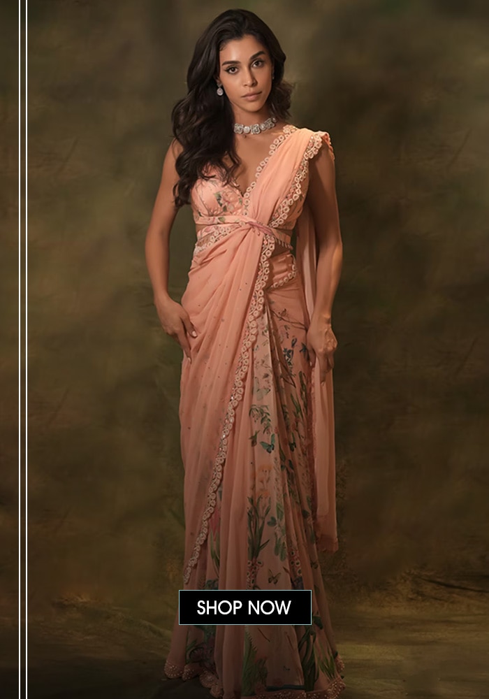 Pink georgette pearls and sequin embellished saree