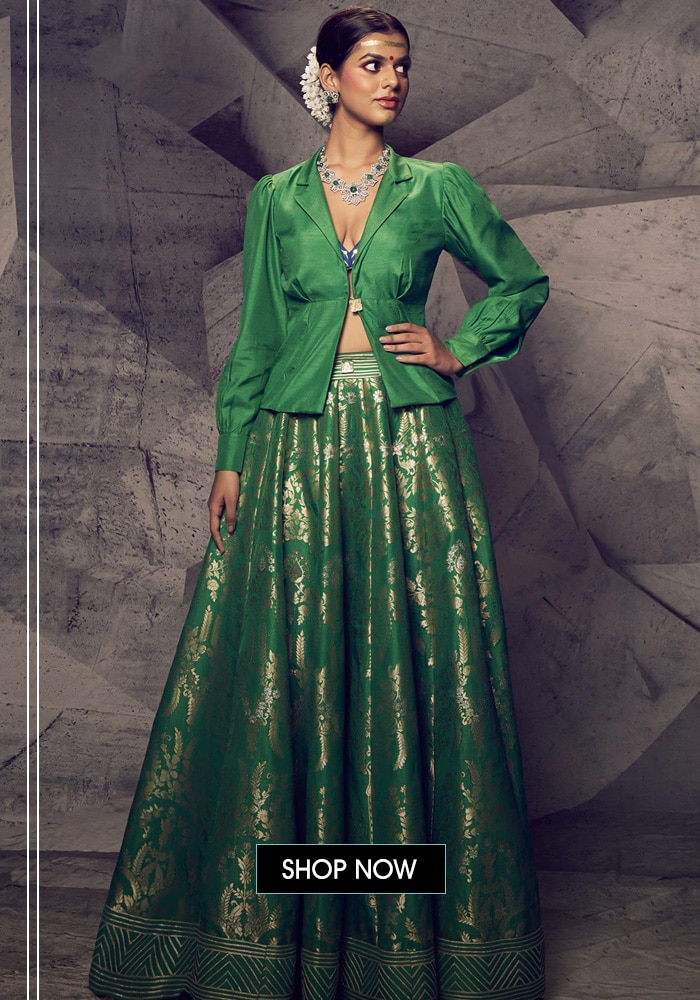 Emerald green jacket and lehenga set