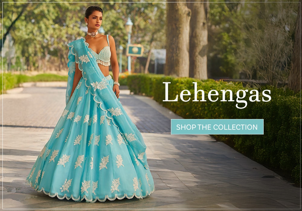 Model wearing turquoise blue lehenga and page leading to lehenga collection