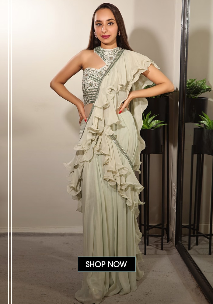 Green Crepe, Silk Dupion One Shoulder Pre-draped Ruffle Saree With Blouse