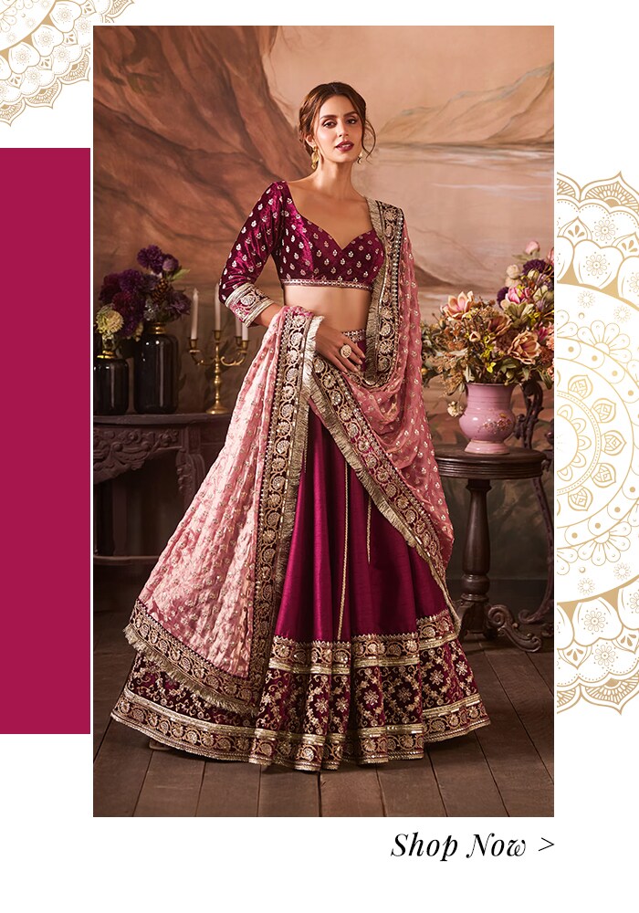 Burgundy velvet and silk lehenga