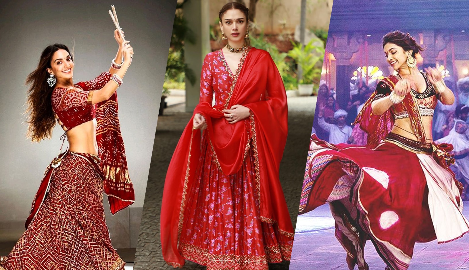 Bollywood celebrities wearing dandiya oufits. In the left Kiara Advani in red bandhani lehenga set, in the middle Aditi Rao Hydari wearing a red anarkali and in the right Deepika Padukone wearing a red and white lehenga choli