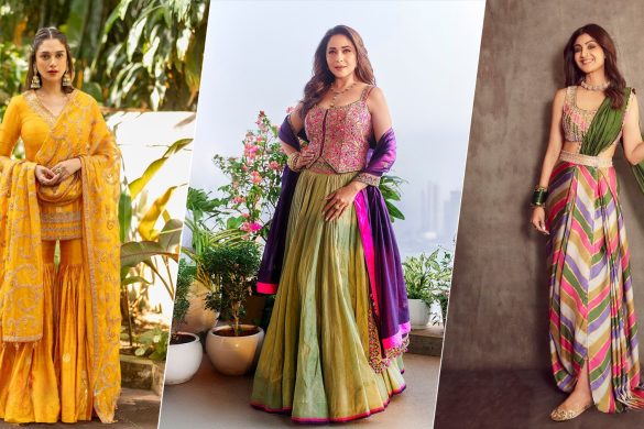 Bollywood celebrities wearing fusion outfits. On the left is Aditi wraring a kurta sharara set, in the middle is Madhuri Dixit wearing a fusion lehenga and on the right is Shilpa Shetty wearing a draped saree