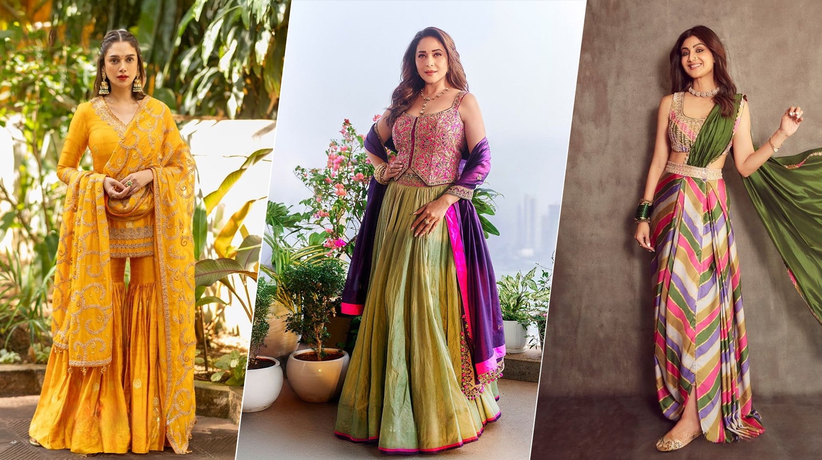 Bollywood celebrities wearing fusion outfits. On the left is Aditi wraring a kurta sharara set, in the middle is Madhuri Dixit wearing a fusion lehenga and on the right is Shilpa Shetty wearing a draped saree
