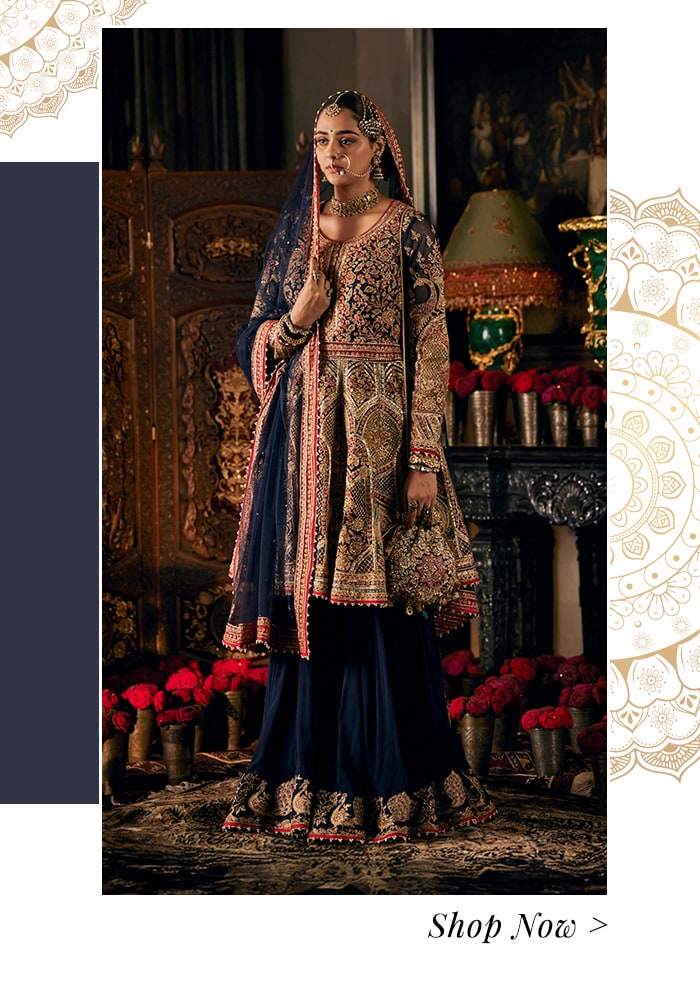 Model wearing an embroidered Anarkali and sharara set