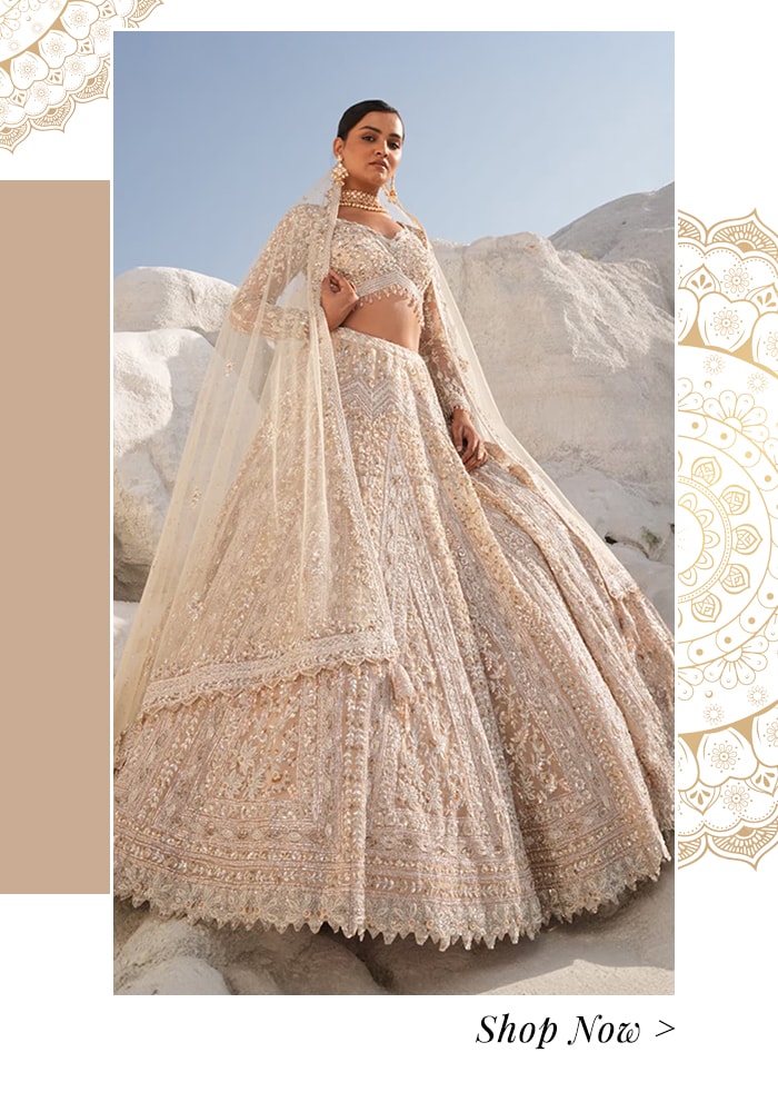 Model wearing a soft gold lehenga set