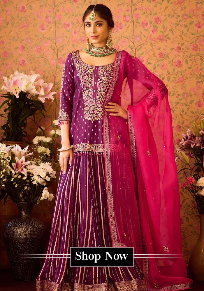 Model wearing a purple kurta lehenga